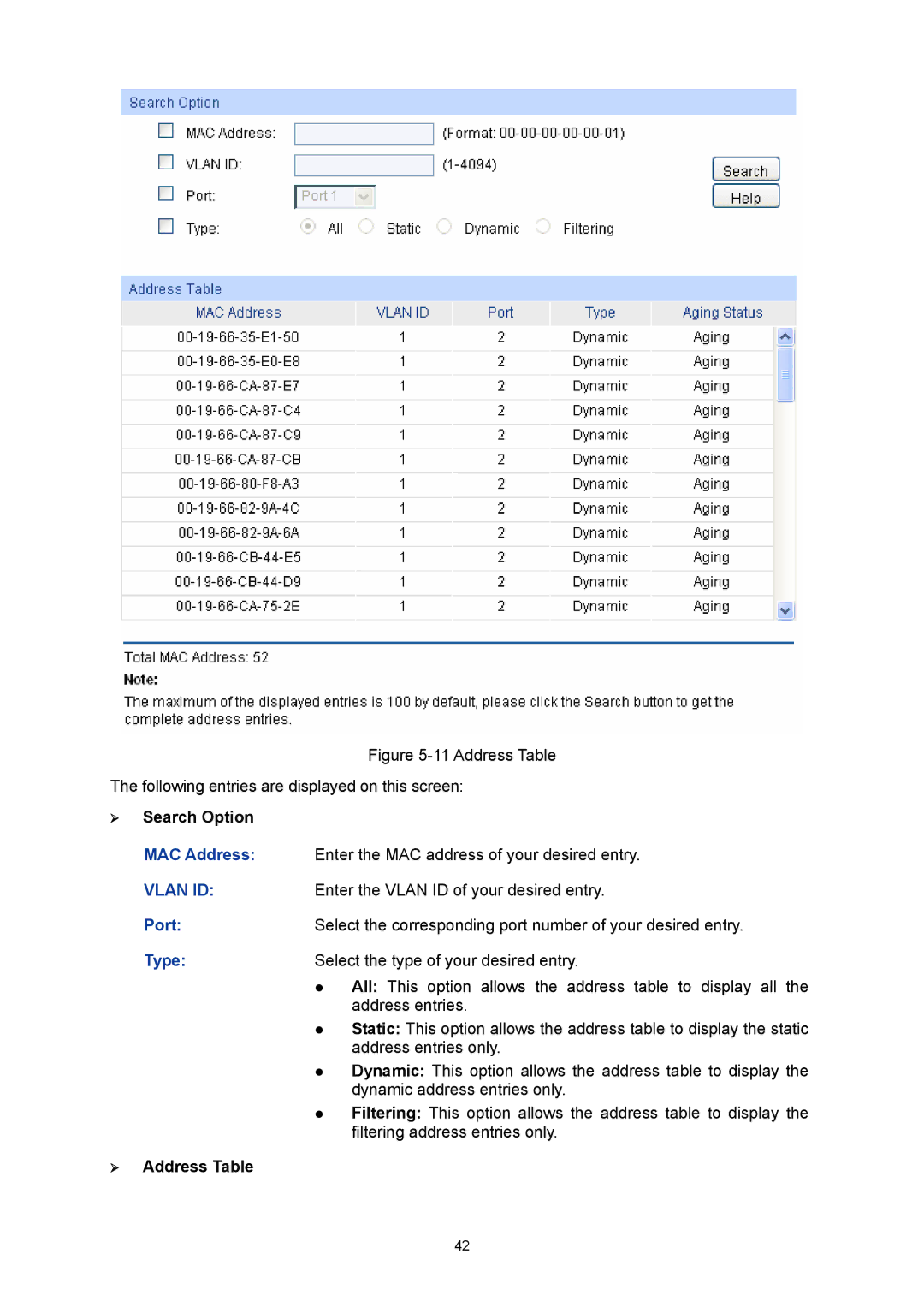 TP-Link TL-SG3216 manual ¾ Search Option, ¾ Address Table 