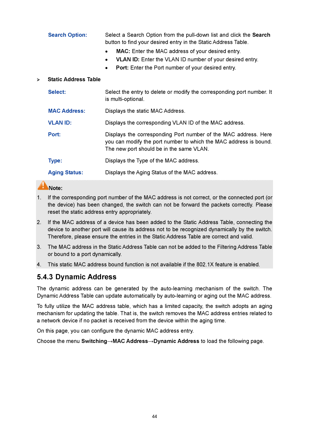 TP-Link TL-SG3216 manual Dynamic Address, ¾ Static Address Table 