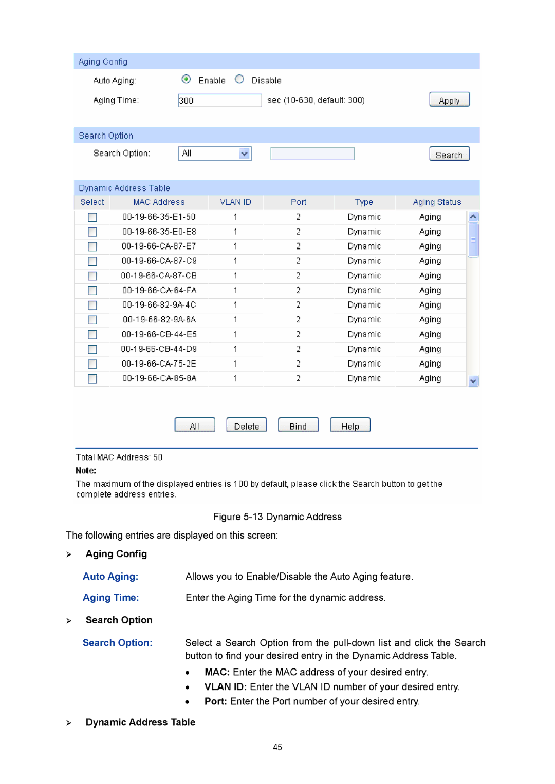 TP-Link TL-SG3216 manual ¾ Aging Config, ¾ Dynamic Address Table 