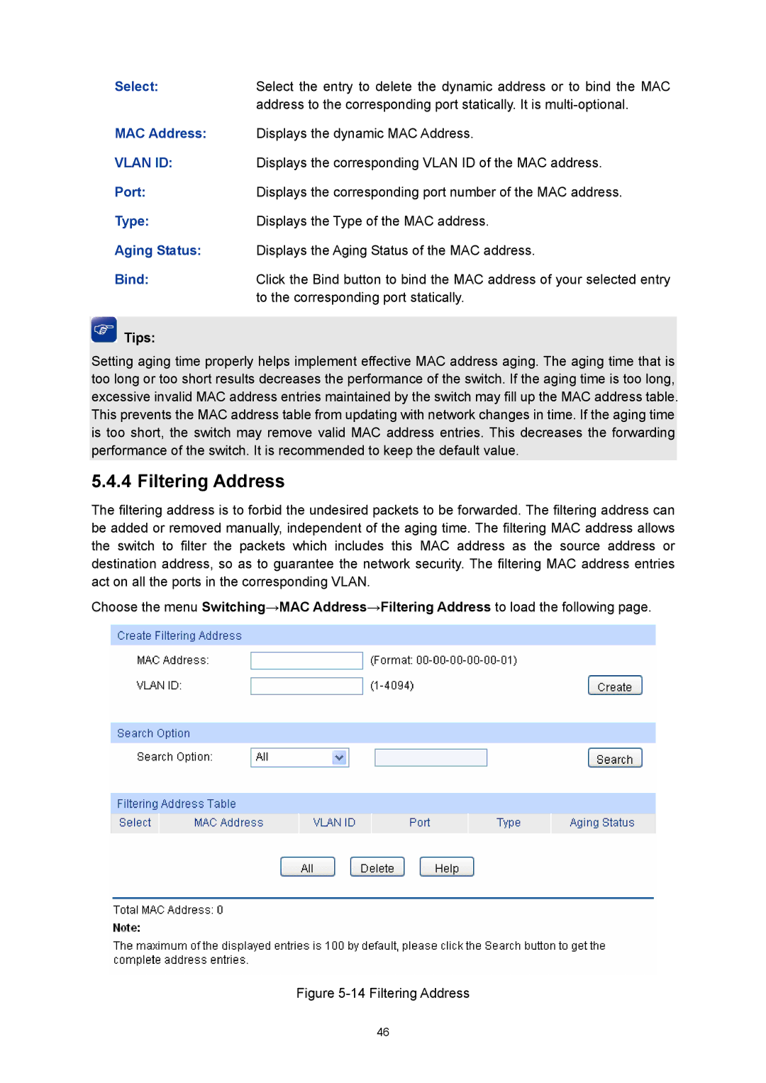 TP-Link TL-SG3216 manual Filtering Address, Bind 