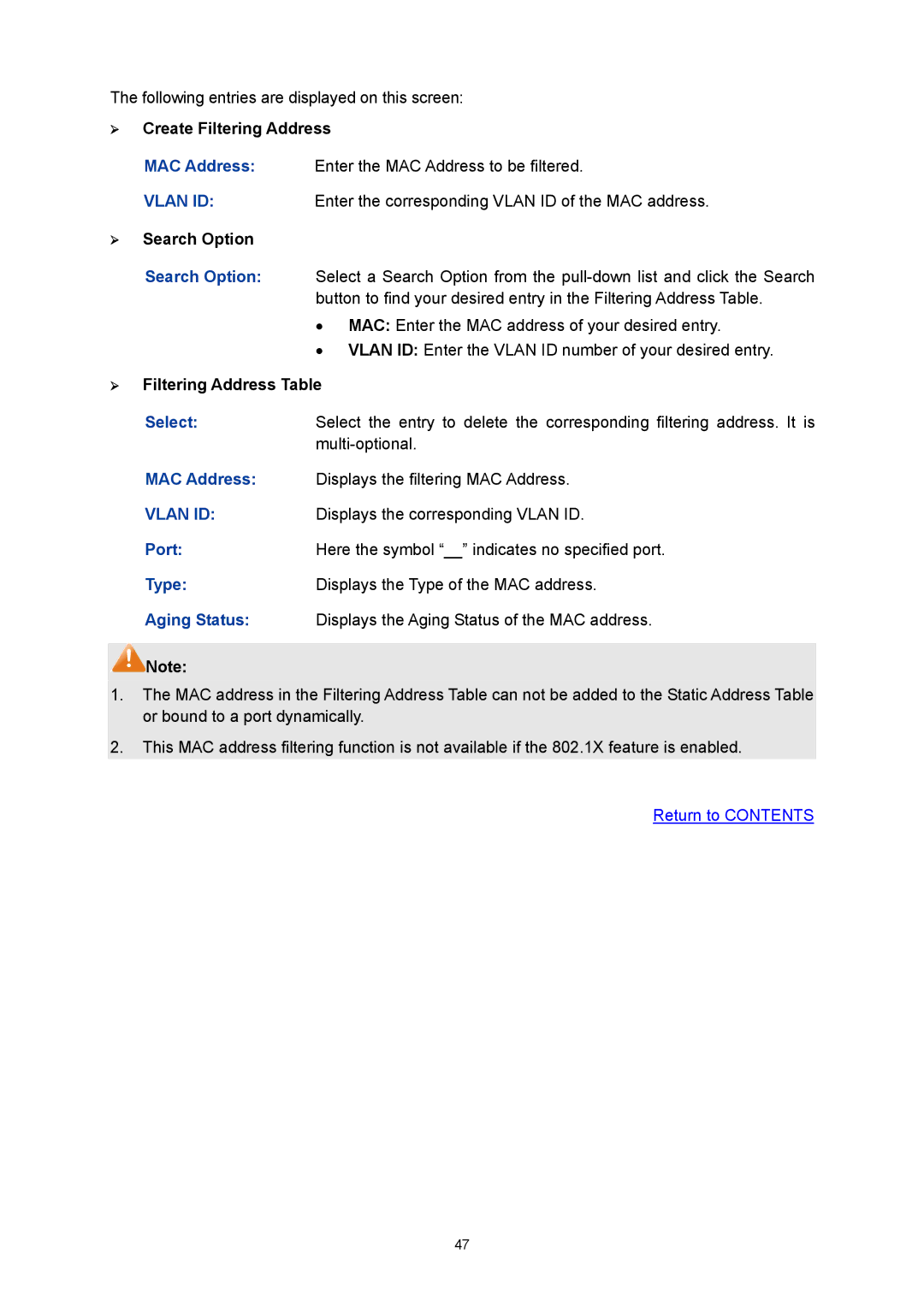 TP-Link TL-SG3216 manual ¾ Create Filtering Address, ¾ Filtering Address Table 