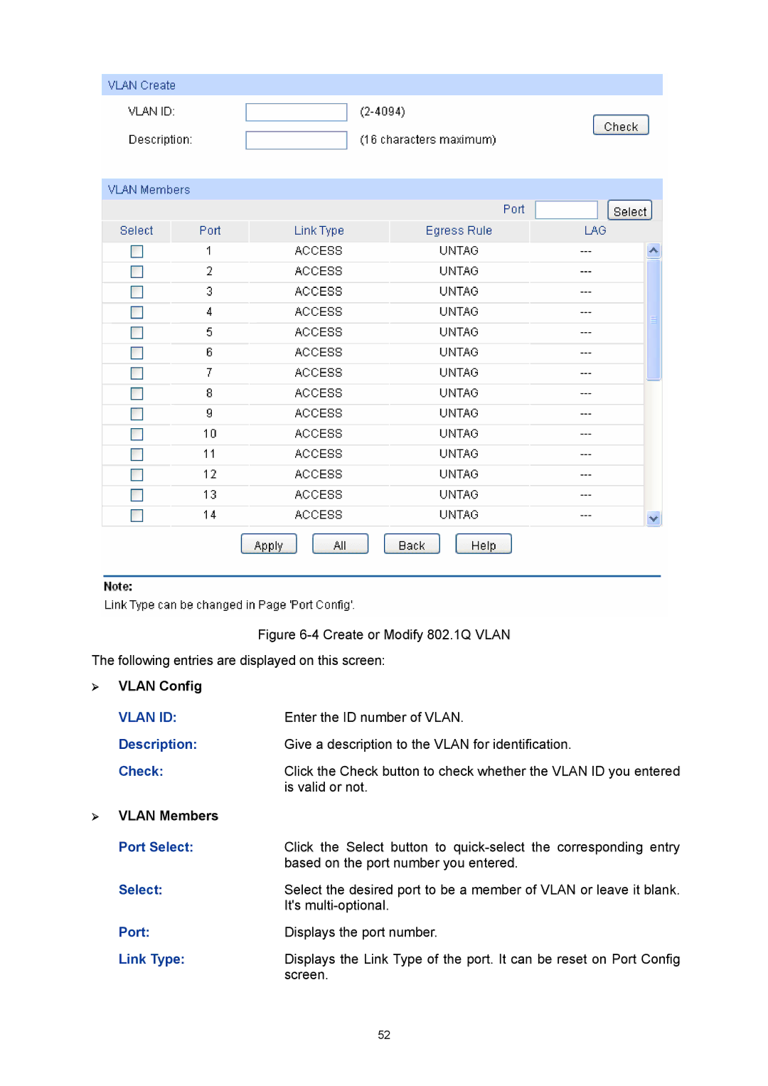 TP-Link TL-SG3216 manual ¾ Vlan Config, Enter the ID number of Vlan, Is valid or not, ¾ Vlan Members, Link Type 