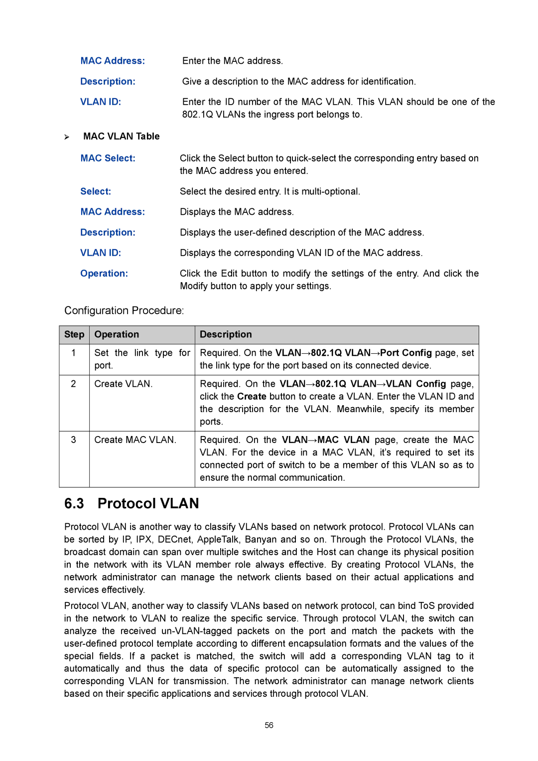 TP-Link TL-SG3216 manual Protocol Vlan, ¾ MAC Vlan Table, MAC Select, Step Operation Description 