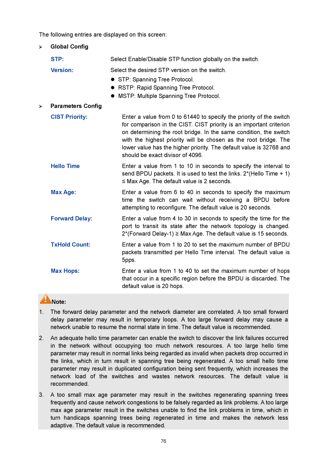 TP-Link TL-SG3216 manual Version, Hello Time, Max Age, Forward Delay, TxHold Count, Max Hops 