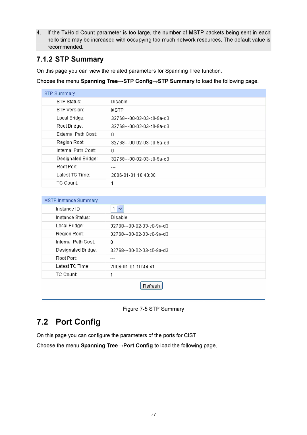 TP-Link TL-SG3216 manual Port Config, STP Summary 