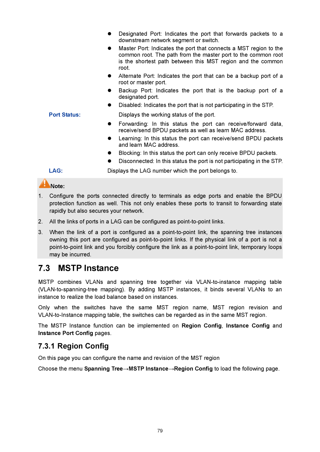 TP-Link TL-SG3216 manual Mstp Instance, Region Config, Port Status 