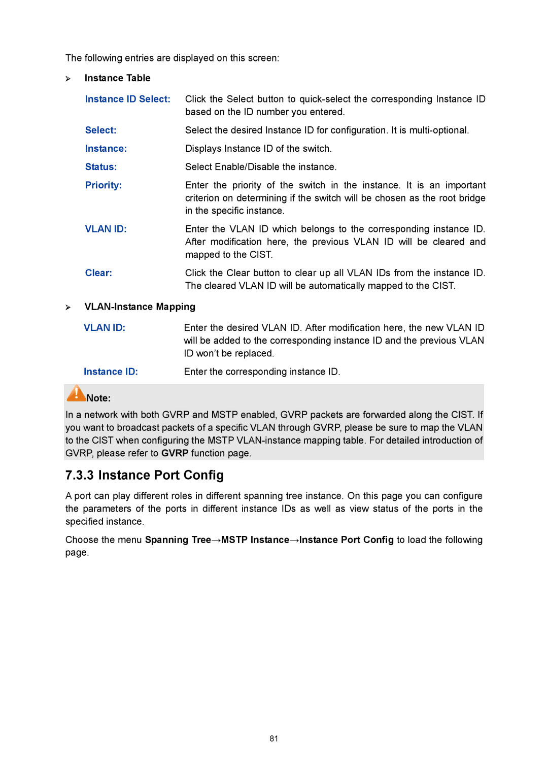 TP-Link TL-SG3216 manual Instance Port Config, ¾ Instance Table, Clear, ¾ VLAN-Instance Mapping 