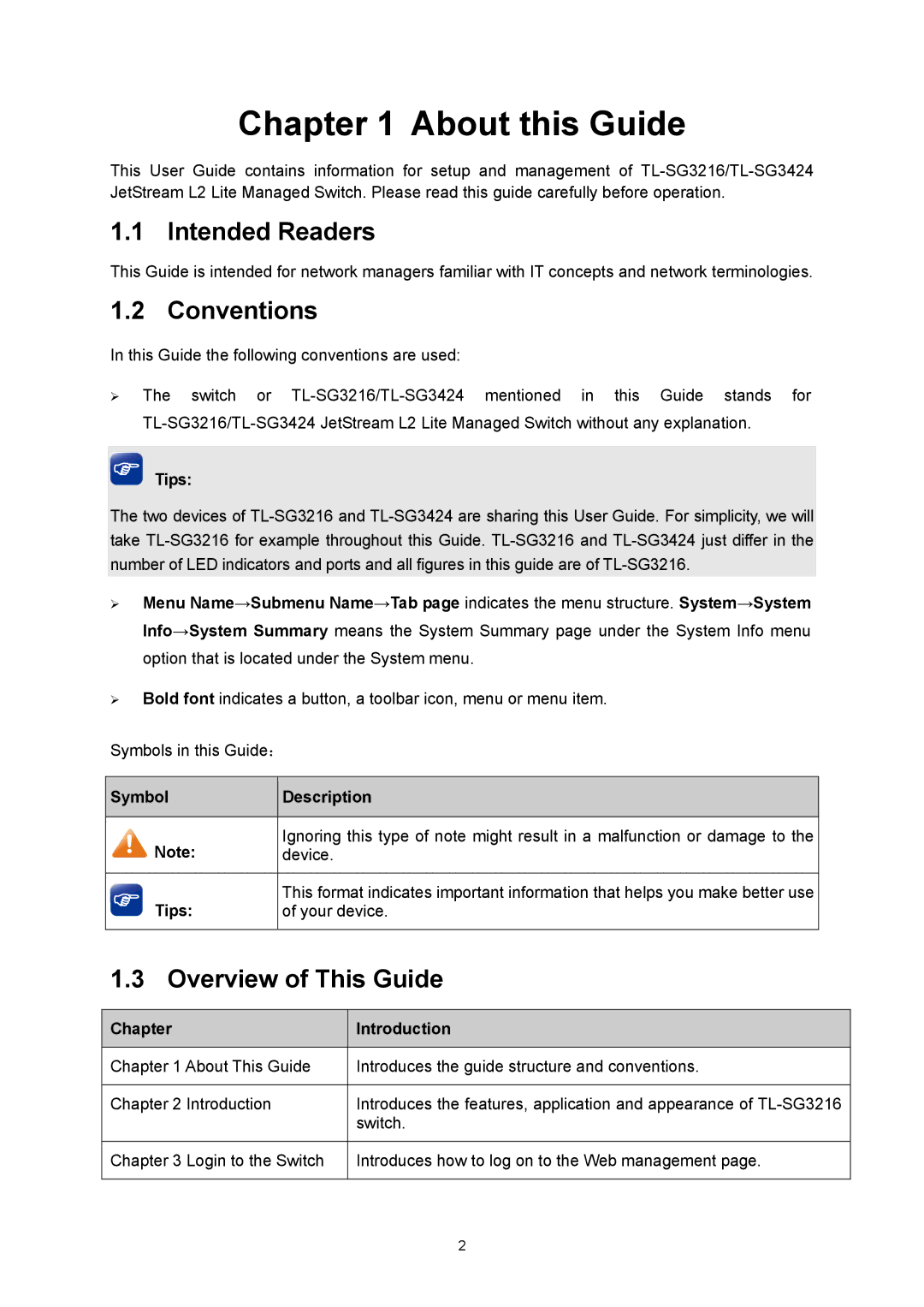 TP-Link TL-SG3216 manual About this Guide, Intended Readers, Conventions, Overview of This Guide 