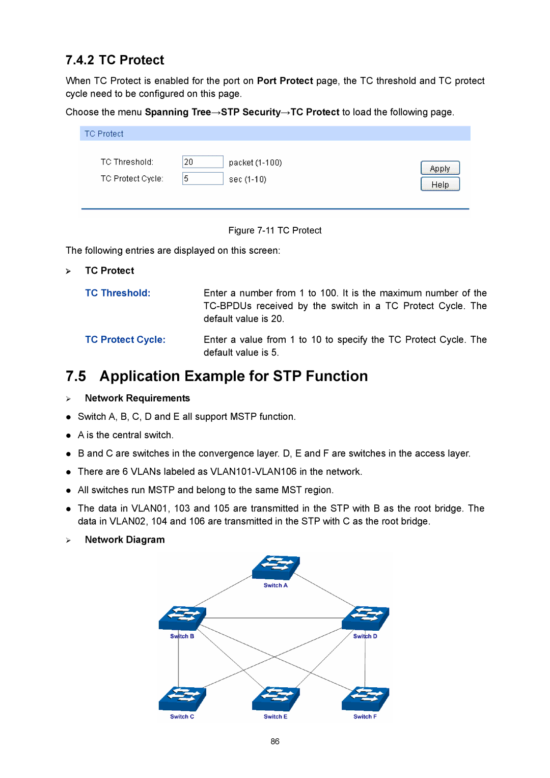 TP-Link TL-SG3216 manual Application Example for STP Function, TC Protect 