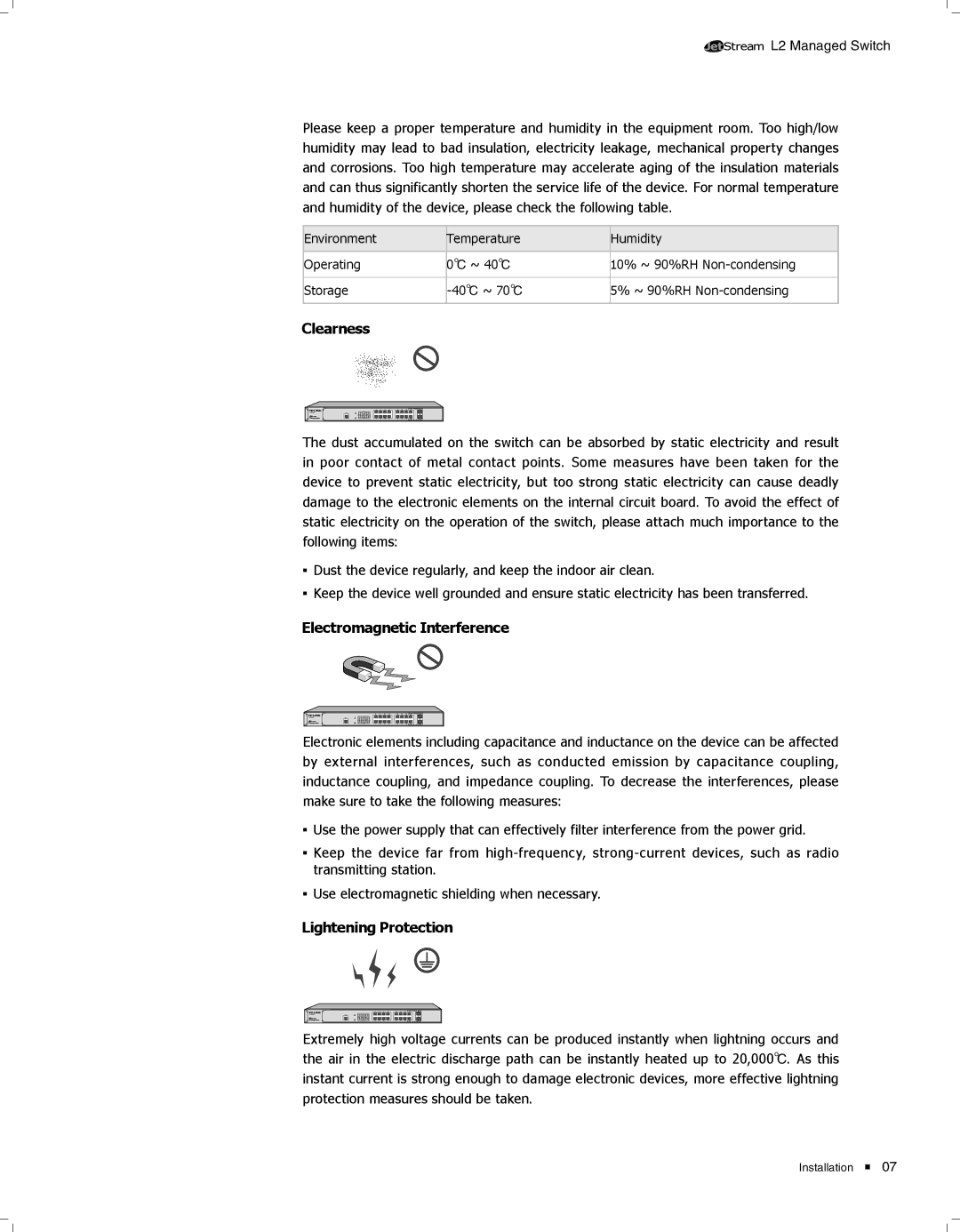 TP-Link TL-SG3424 manual Clearness, Electromagnetic Interference, Lightening Protection 