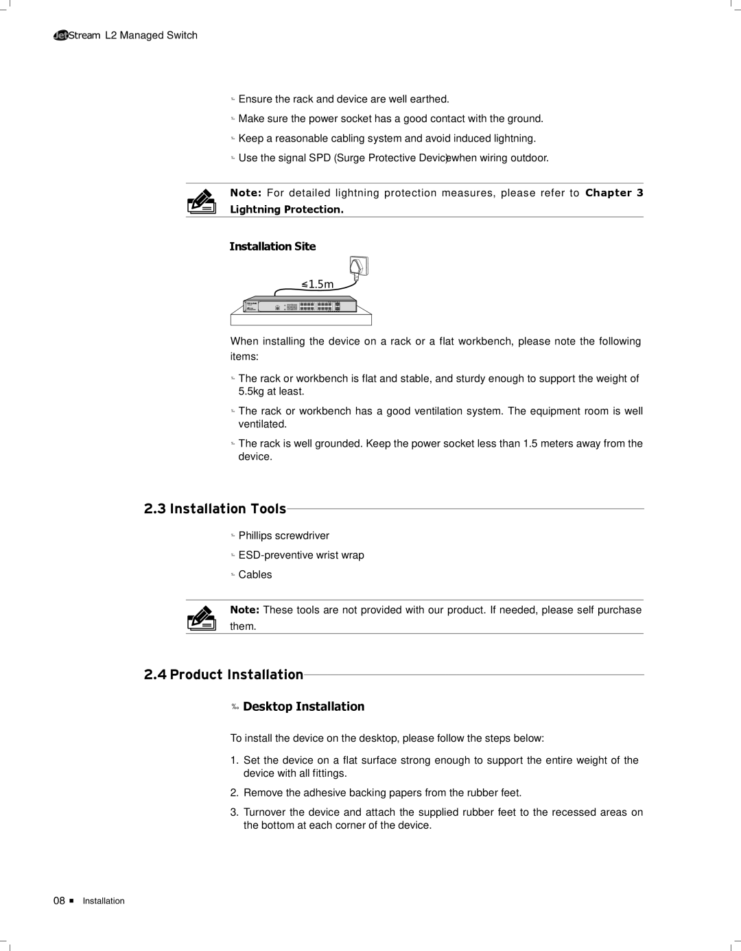 TP-Link TL-SG3424 manual 2222Installation Tools, 2222Product Installation, Installation Site, Desktop Installation 