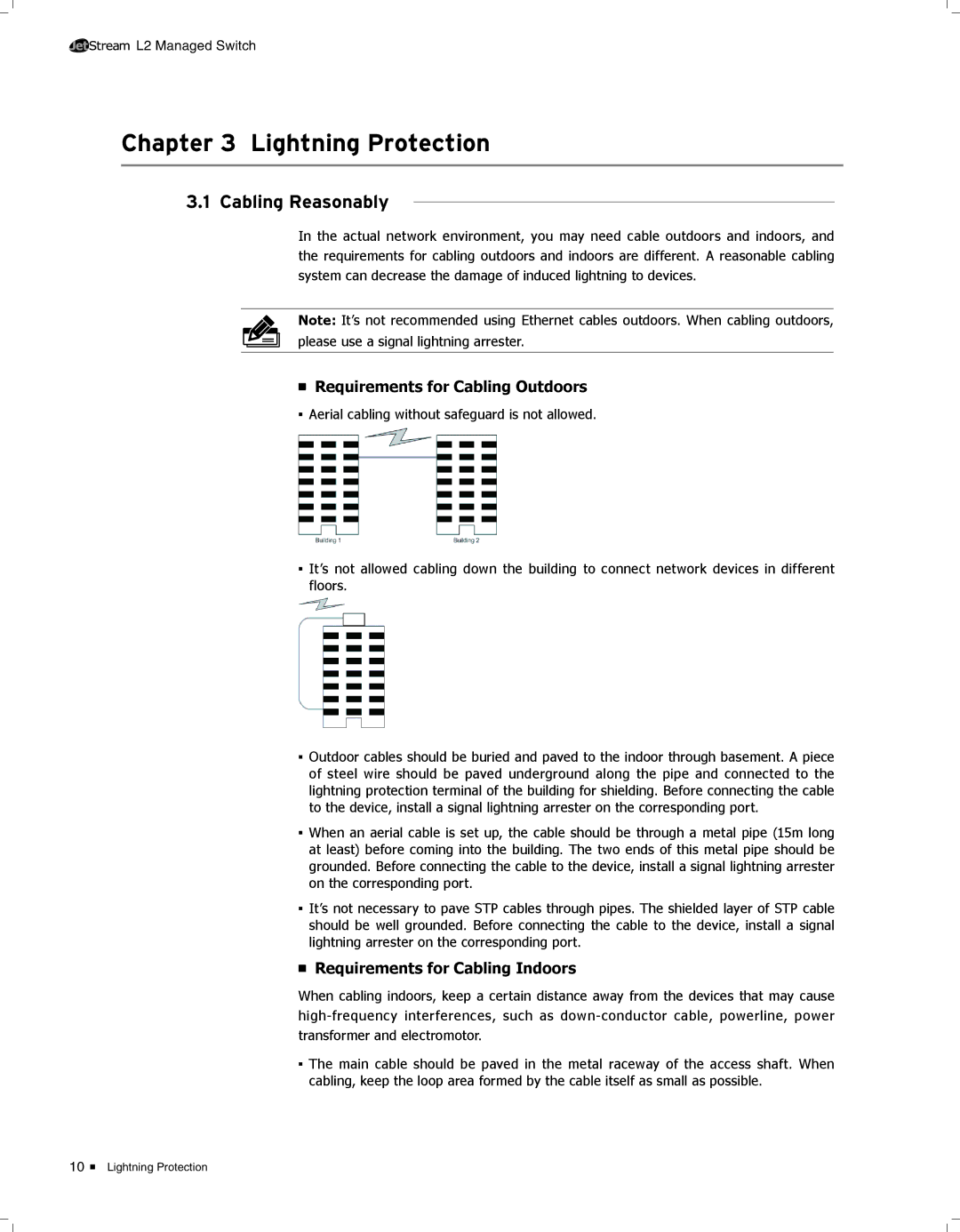 TP-Link TL-SG3424 manual CCCCCCCCCCCLightning Protection, Cabling Reasonably, Requirements for Cabling Outdoors 