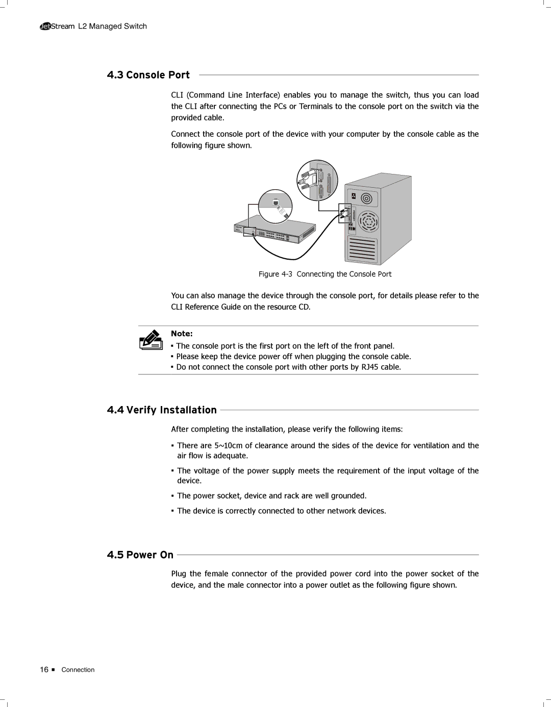 TP-Link TL-SG3424 manual 4444Console Port, 4444Verify Installation, 4444Power On 