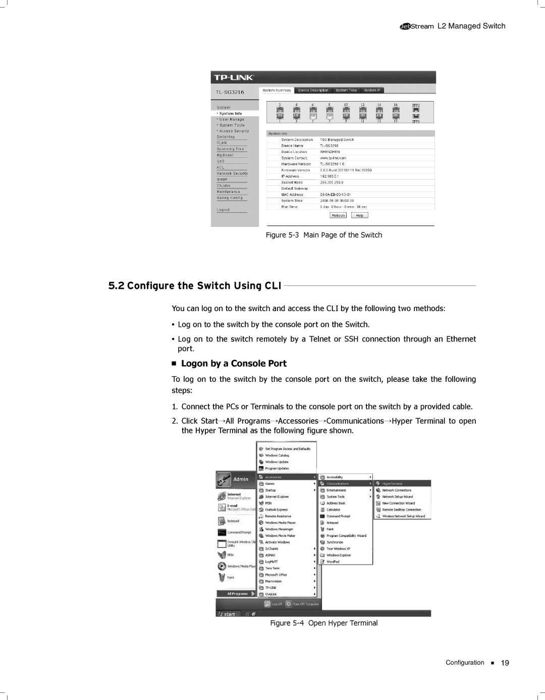 TP-Link TL-SG3424 manual 5555Configure the Switch Using CLI, Logon by a Console Port 