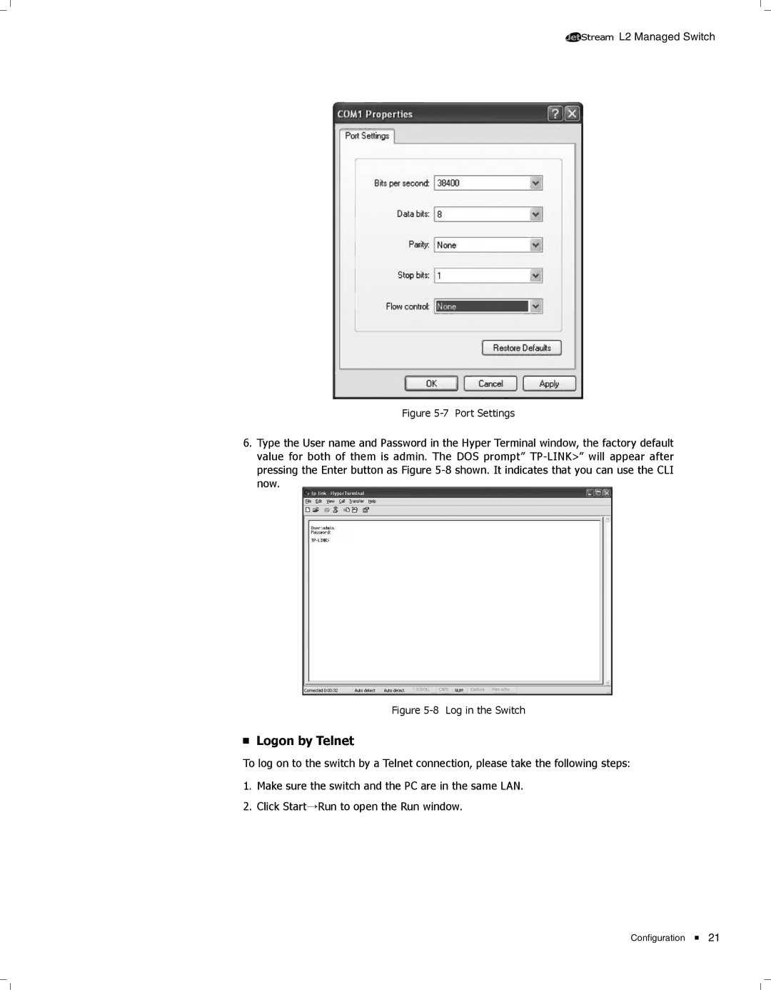 TP-Link TL-SG3424 manual Logon by Telnet 