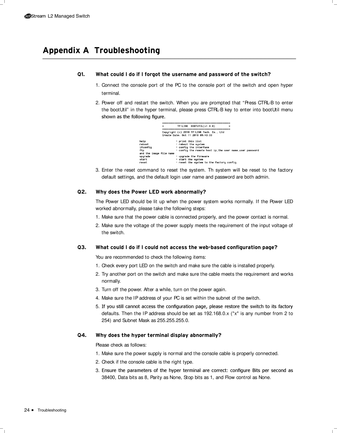 TP-Link TL-SG3424 manual AAAAAAAAAAAATroubleshooting, Qqqq Why does the Power LED work abnormally? 