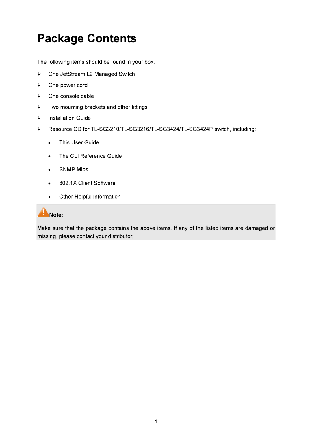 TP-Link TL-SG3424P manual Package Contents 