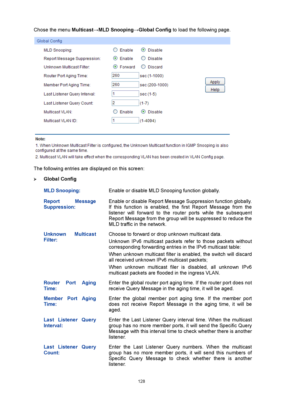 TP-Link TL-SG3424P MLD Snooping, Report Message, Suppression, Unknown Multicast, Router Port, Time, Last Listener Query 