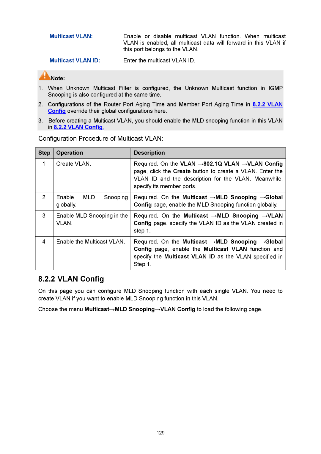 TP-Link TL-SG3424P manual Multicast Vlan ID, Required. On the Multicast →MLD Snooping →Global 