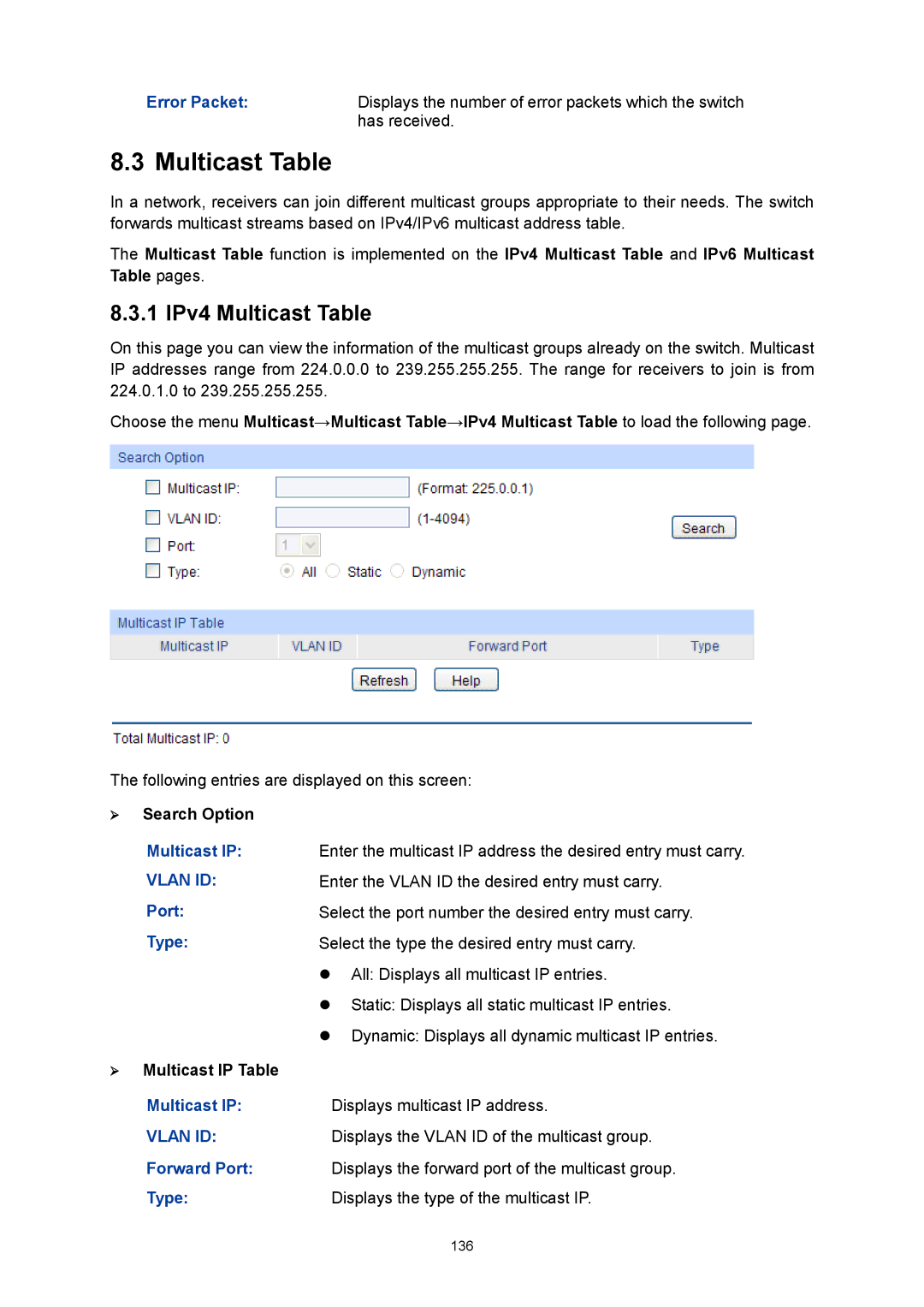 TP-Link TL-SG3424P manual 1 IPv4 Multicast Table, Multicast IP Displays multicast IP address 