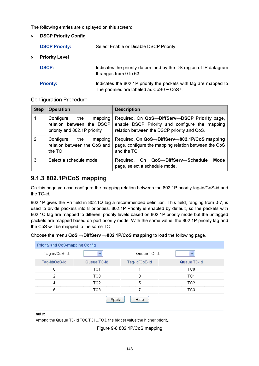 TP-Link TL-SG3424P 3 802.1P/CoS mapping,  Dscp Priority Config,  Priority Level, Required. On QoS→DiffServ→DSCP Priority 