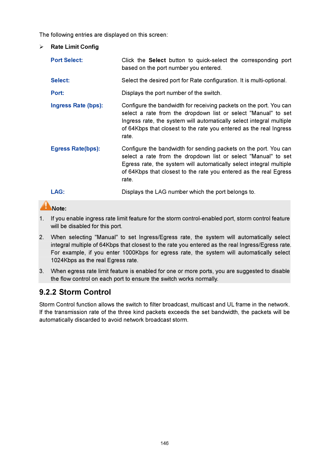 TP-Link TL-SG3424P manual Storm Control,  Rate Limit Config, Ingress Rate bps, Egress Ratebps 