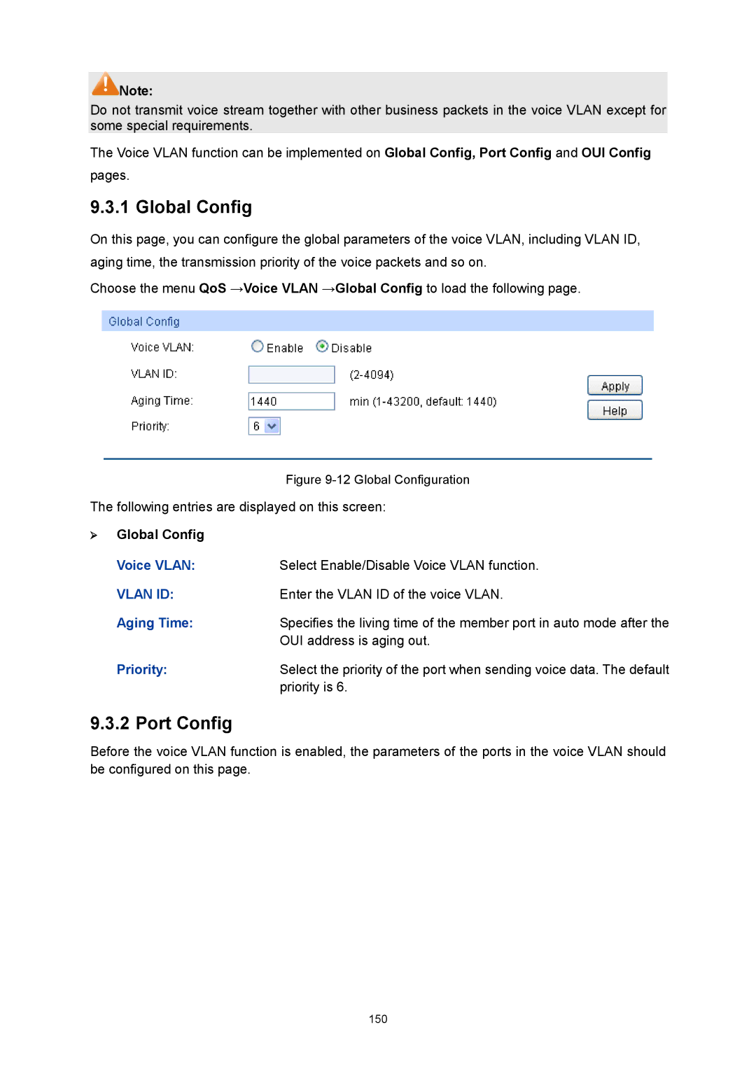 TP-Link TL-SG3424P Voice Vlan Select Enable/Disable Voice Vlan function, Enter the Vlan ID of the voice Vlan, Aging Time 