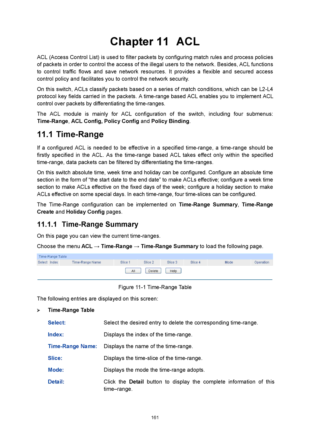 TP-Link TL-SG3424P manual Acl, Time-Range, Detail 