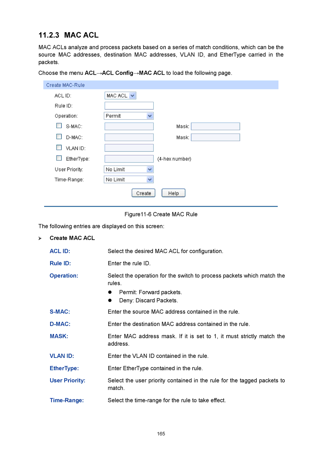 TP-Link TL-SG3424P manual Mac Acl, Rule ID, EtherType, User Priority, Time-Range 