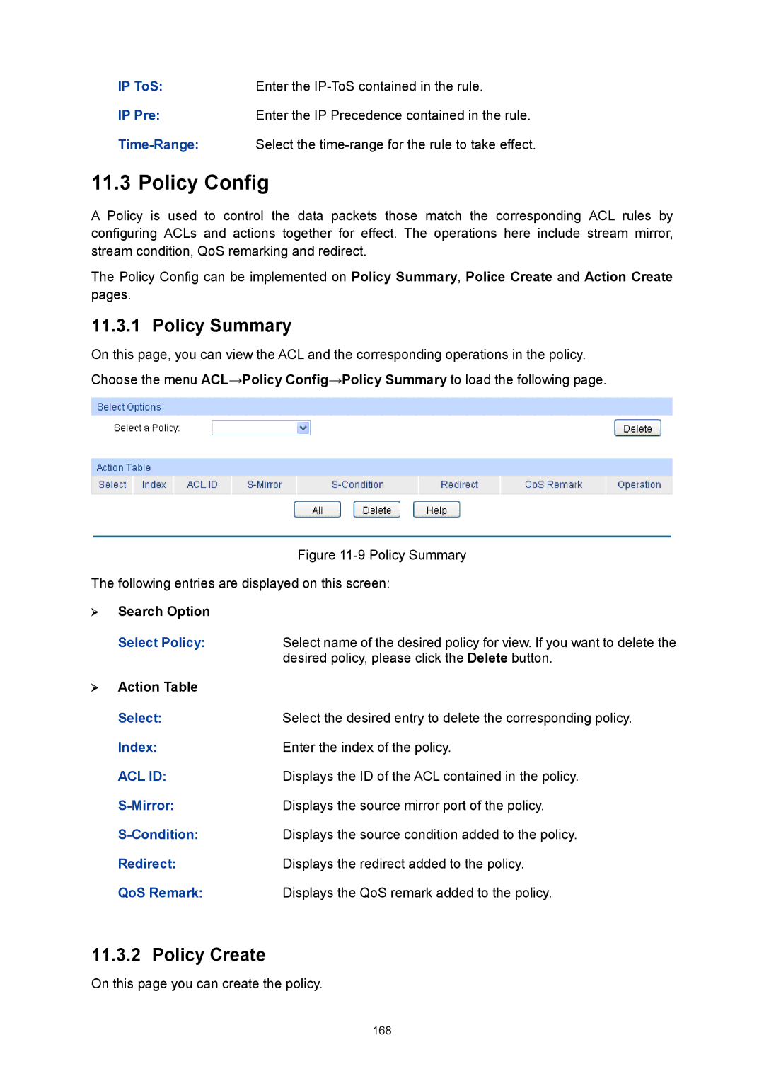 TP-Link TL-SG3424P manual Policy Config, Policy Summary, Policy Create 