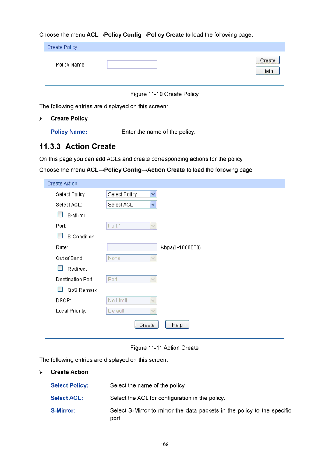 TP-Link TL-SG3424P manual Action Create,  Create Policy,  Create Action 