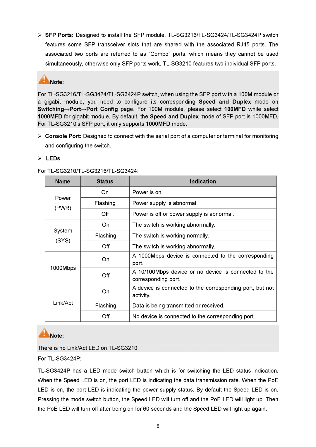 TP-Link TL-SG3424P manual  LEDs, Name Status Indication 