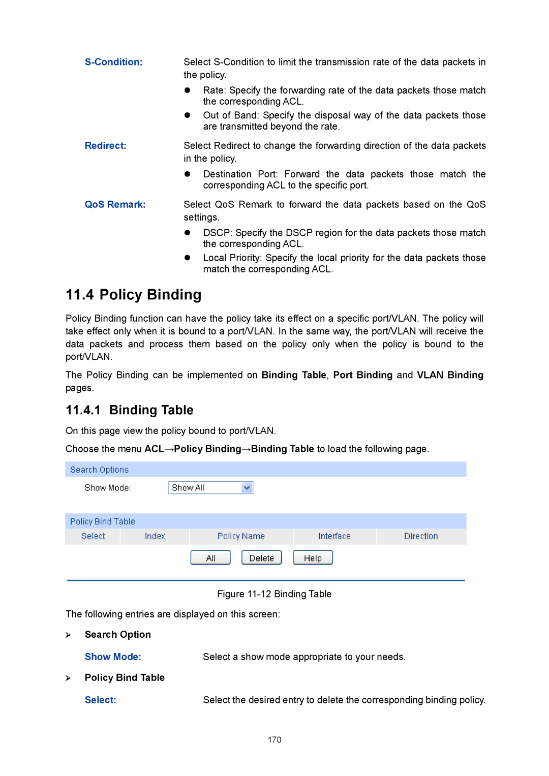 TP-Link TL-SG3424P manual Policy Binding, Binding Table,  Policy Bind Table 