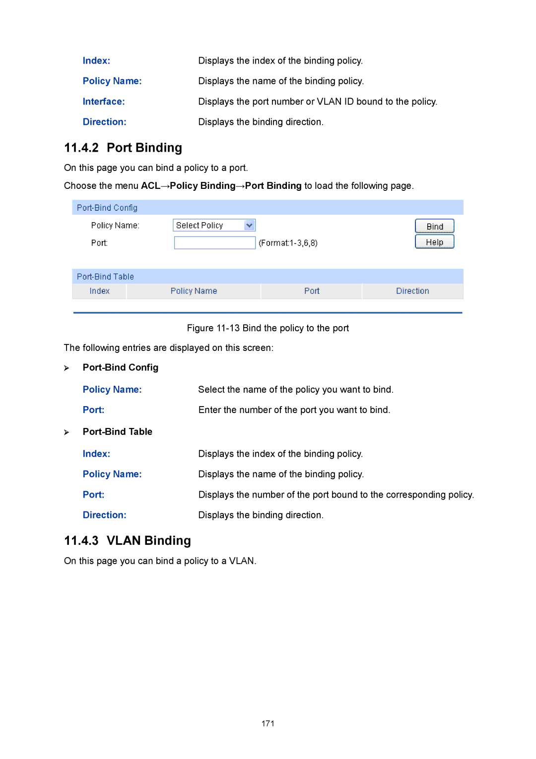 TP-Link TL-SG3424P manual Port Binding, Vlan Binding, Direction Displays the binding direction,  Port-Bind Config 