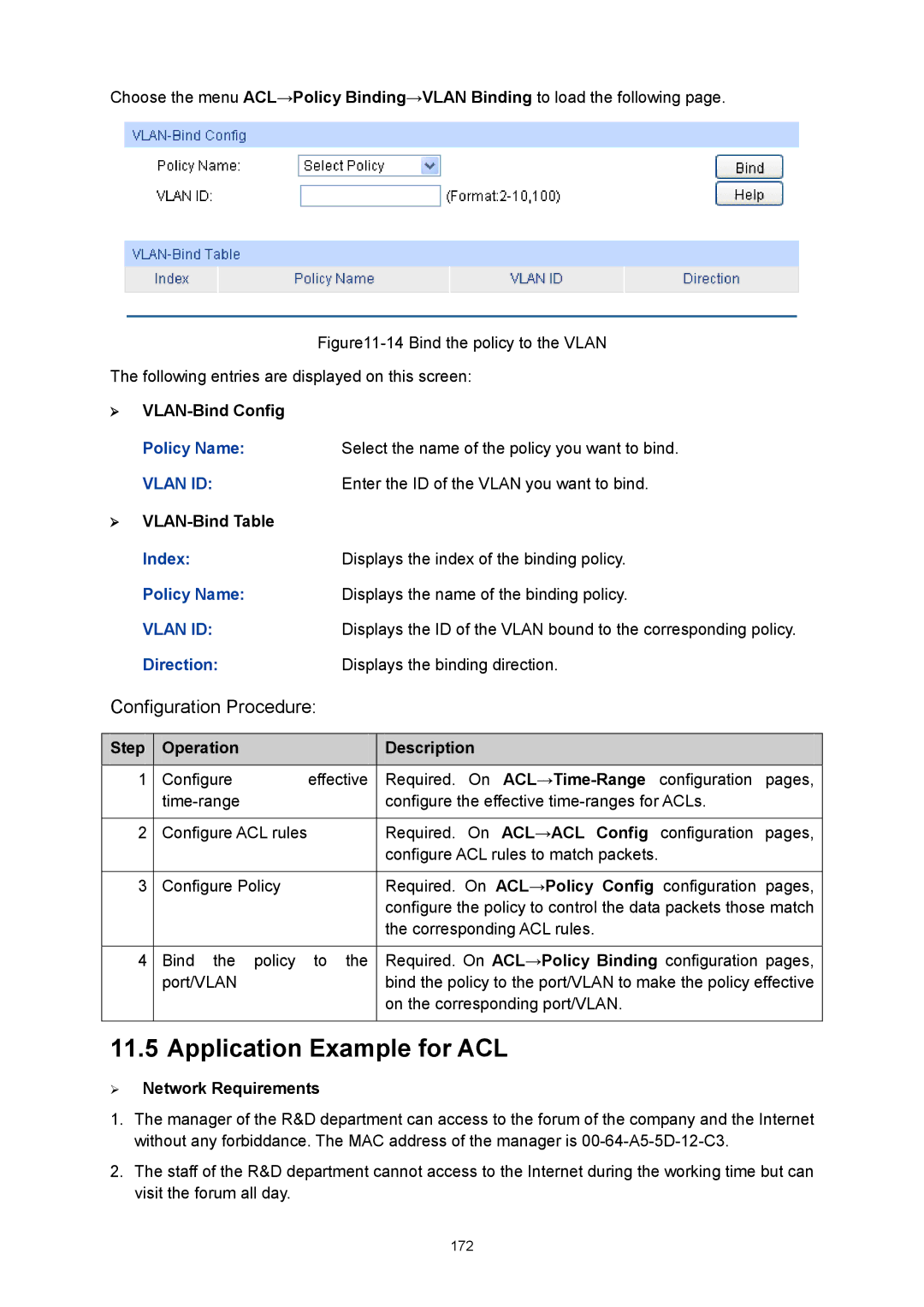 TP-Link TL-SG3424P manual Application Example for ACL,  VLAN-Bind Config, Enter the ID of the Vlan you want to bind 