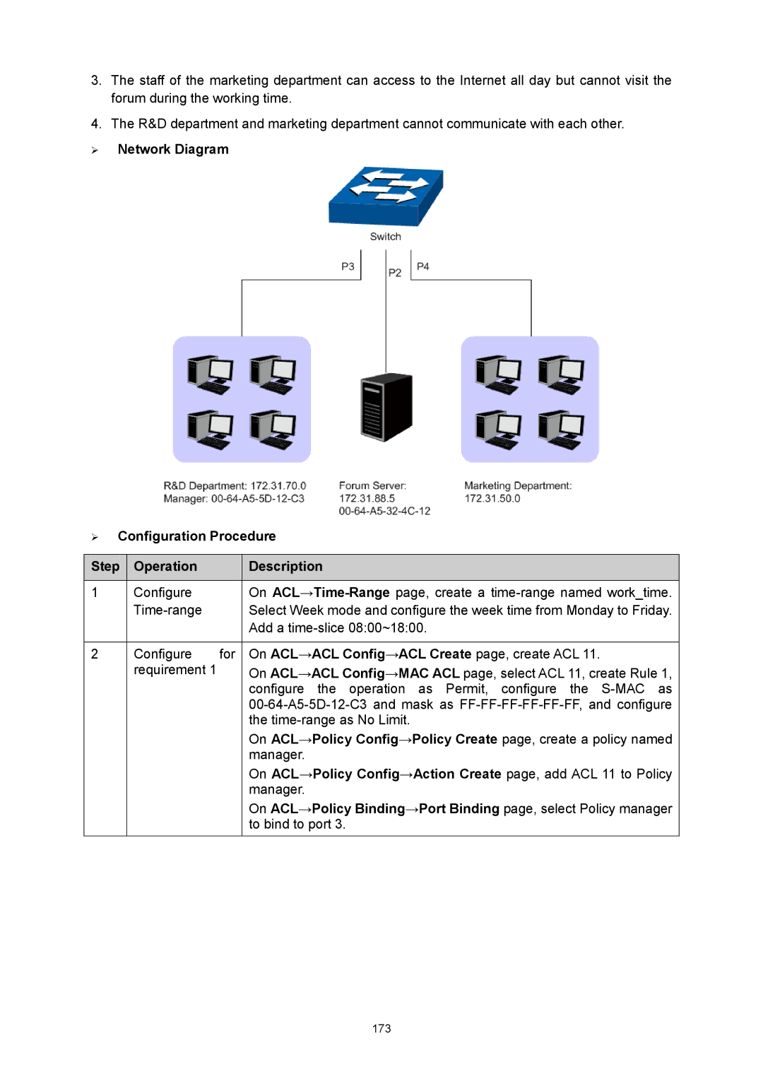 TP-Link TL-SG3424P manual On ACL→ACL Config→ACL Create page, create ACL 