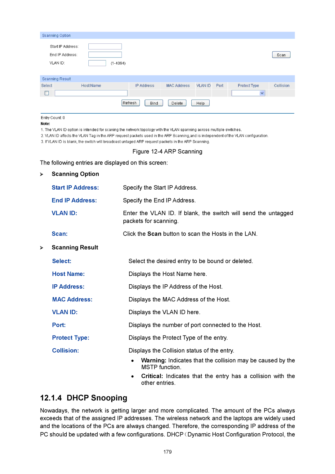 TP-Link TL-SG3424P manual Dhcp Snooping,  Scanning Option, End IP Address,  Scanning Result 