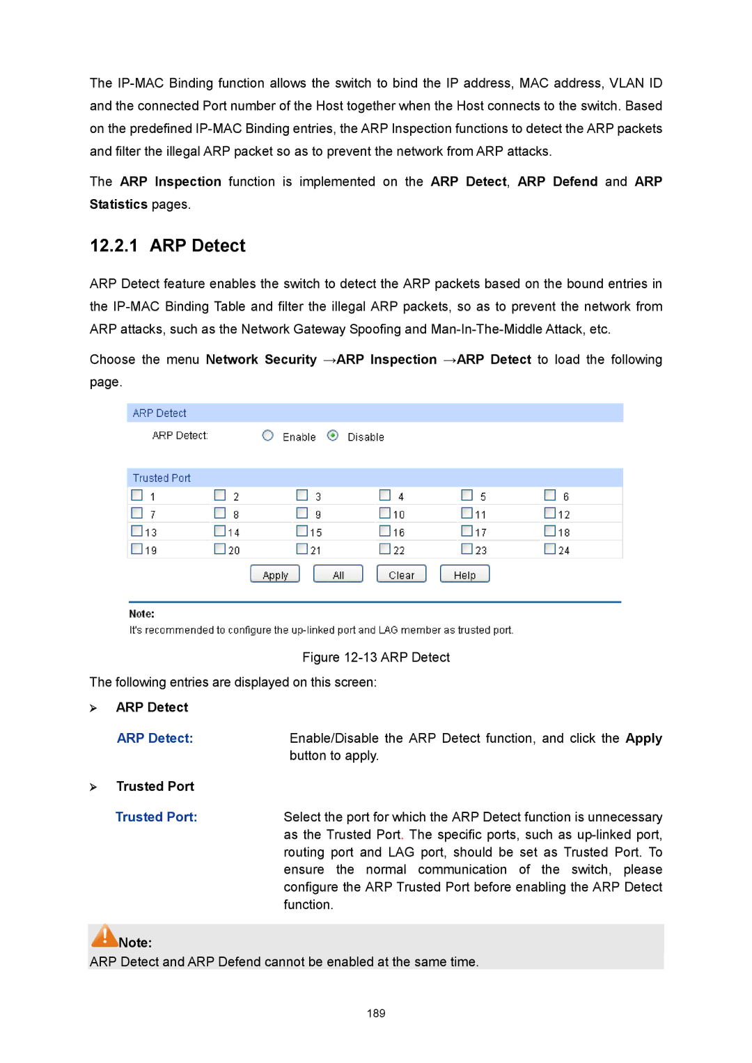 TP-Link TL-SG3424P manual  ARP Detect,  Trusted Port 