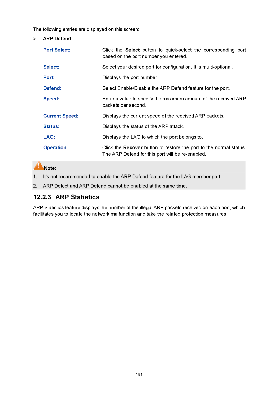 TP-Link TL-SG3424P manual ARP Statistics,  ARP Defend, Current Speed 