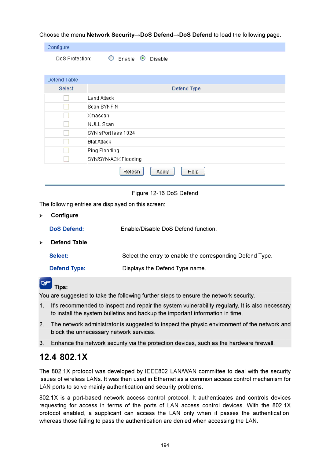 TP-Link TL-SG3424P manual 12.4,  Configure,  Defend Table, Defend Type Displays the Defend Type name 