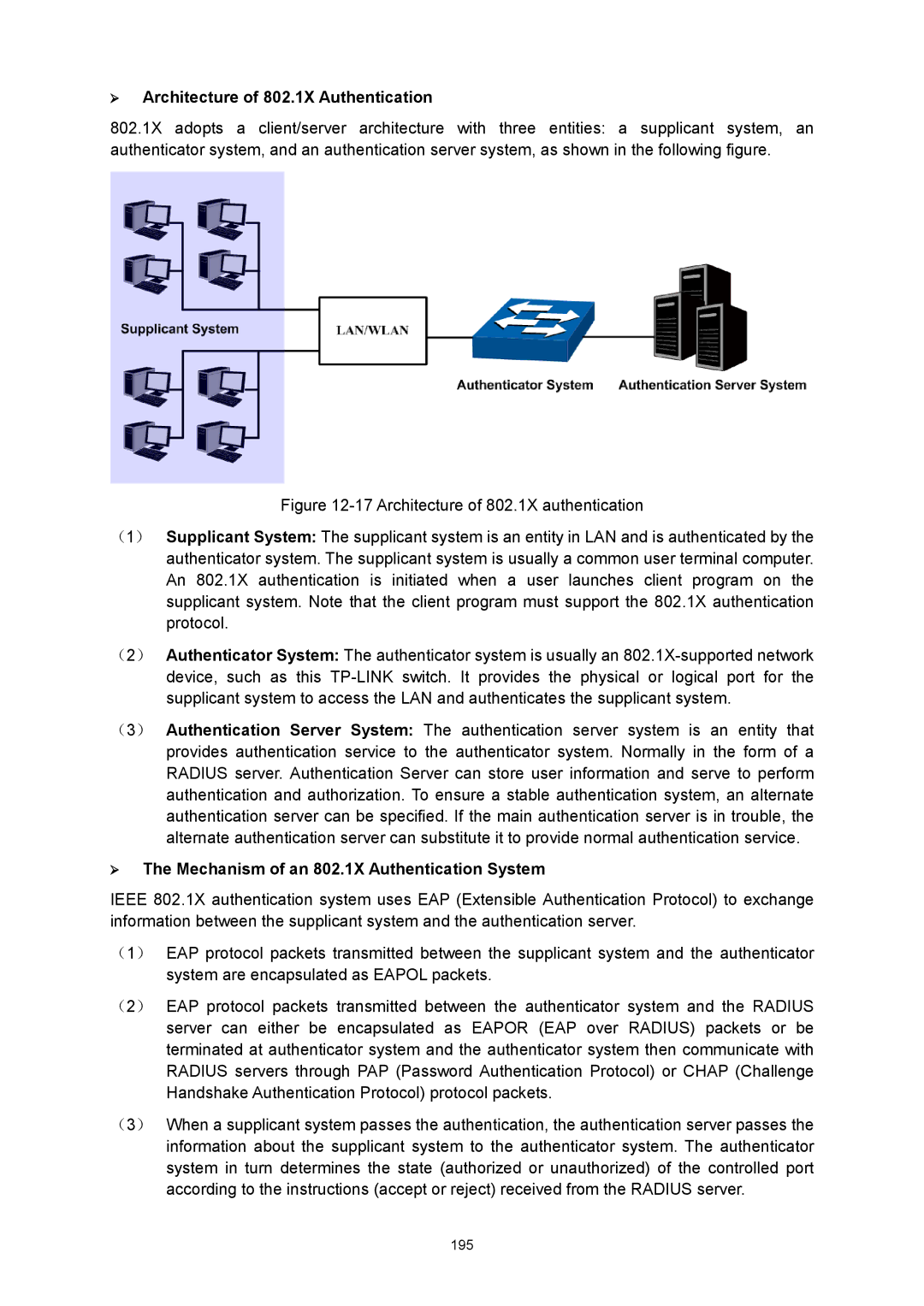 TP-Link TL-SG3424P manual  Architecture of 802.1X Authentication,  The Mechanism of an 802.1X Authentication System 