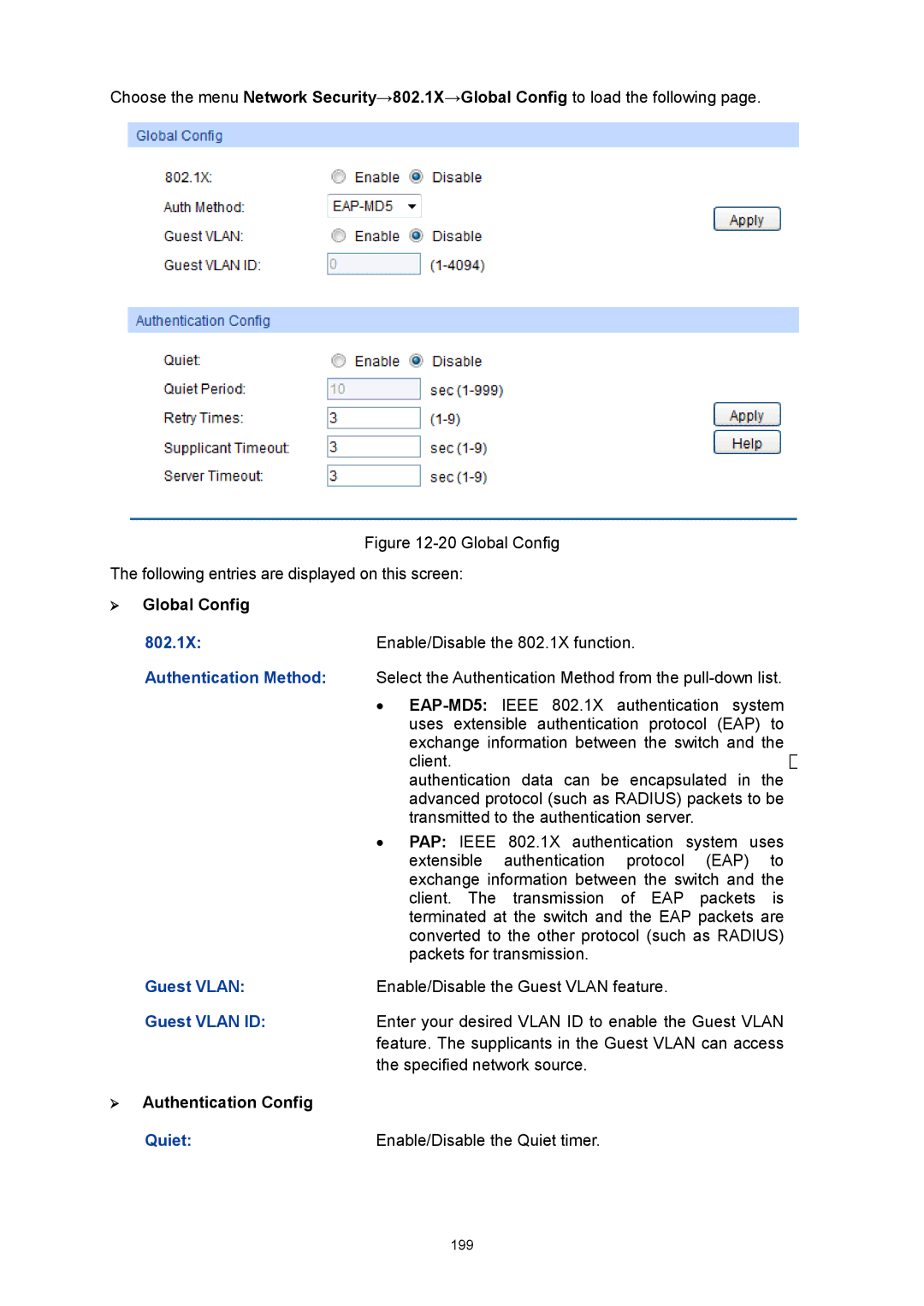 TP-Link TL-SG3424P manual 802.1X, Authentication Method, Guest Vlan ID, Quiet 