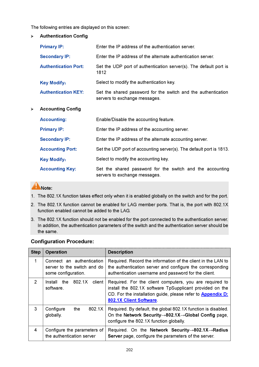 TP-Link TL-SG3424P manual Primary IP, Secondary IP, Authentication Port, Key Modify Authentication KEY, Accounting 