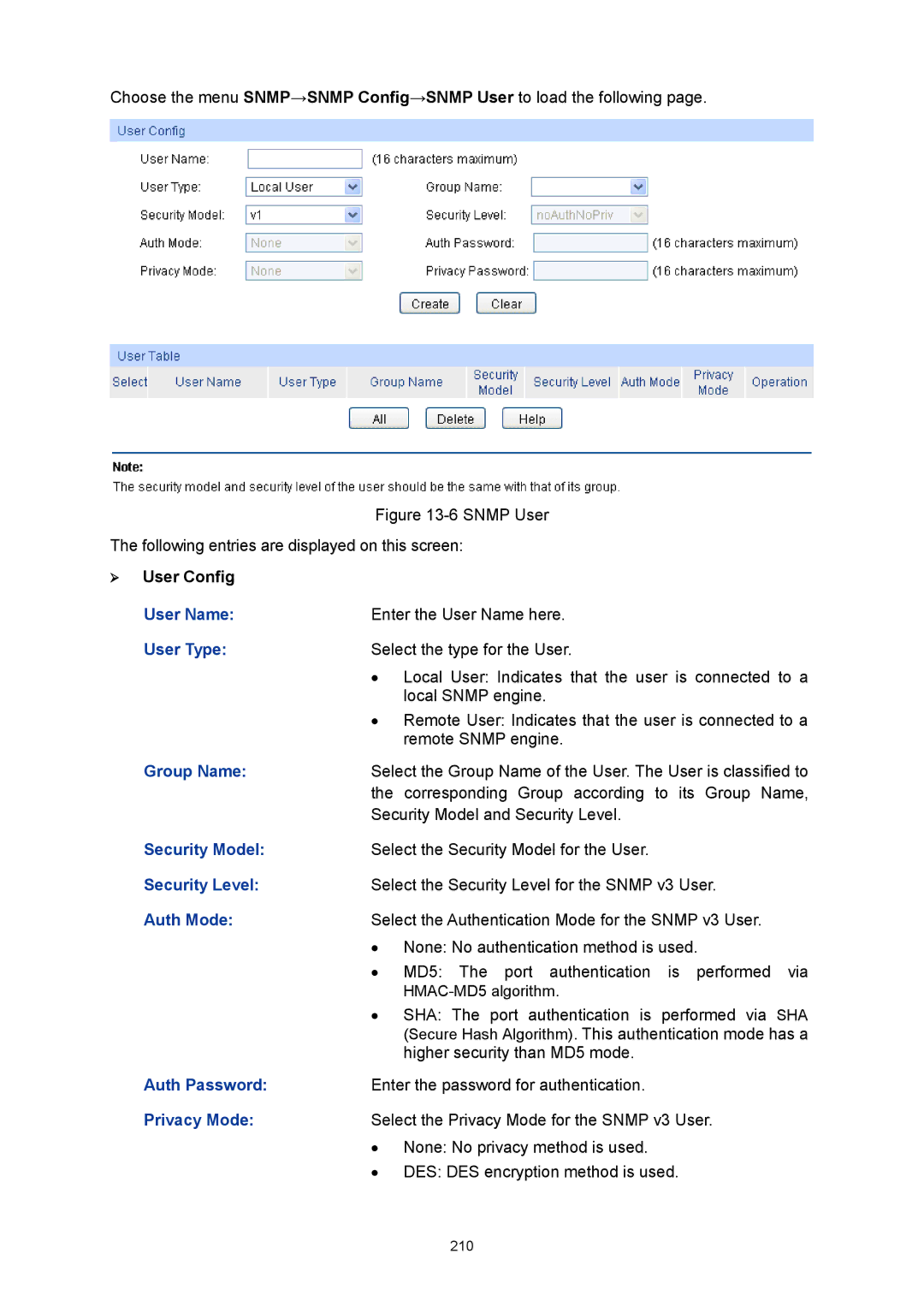 TP-Link TL-SG3424P manual User Name, User Type, Group Name, Security Model, Security Level, Auth Mode, Auth Password 