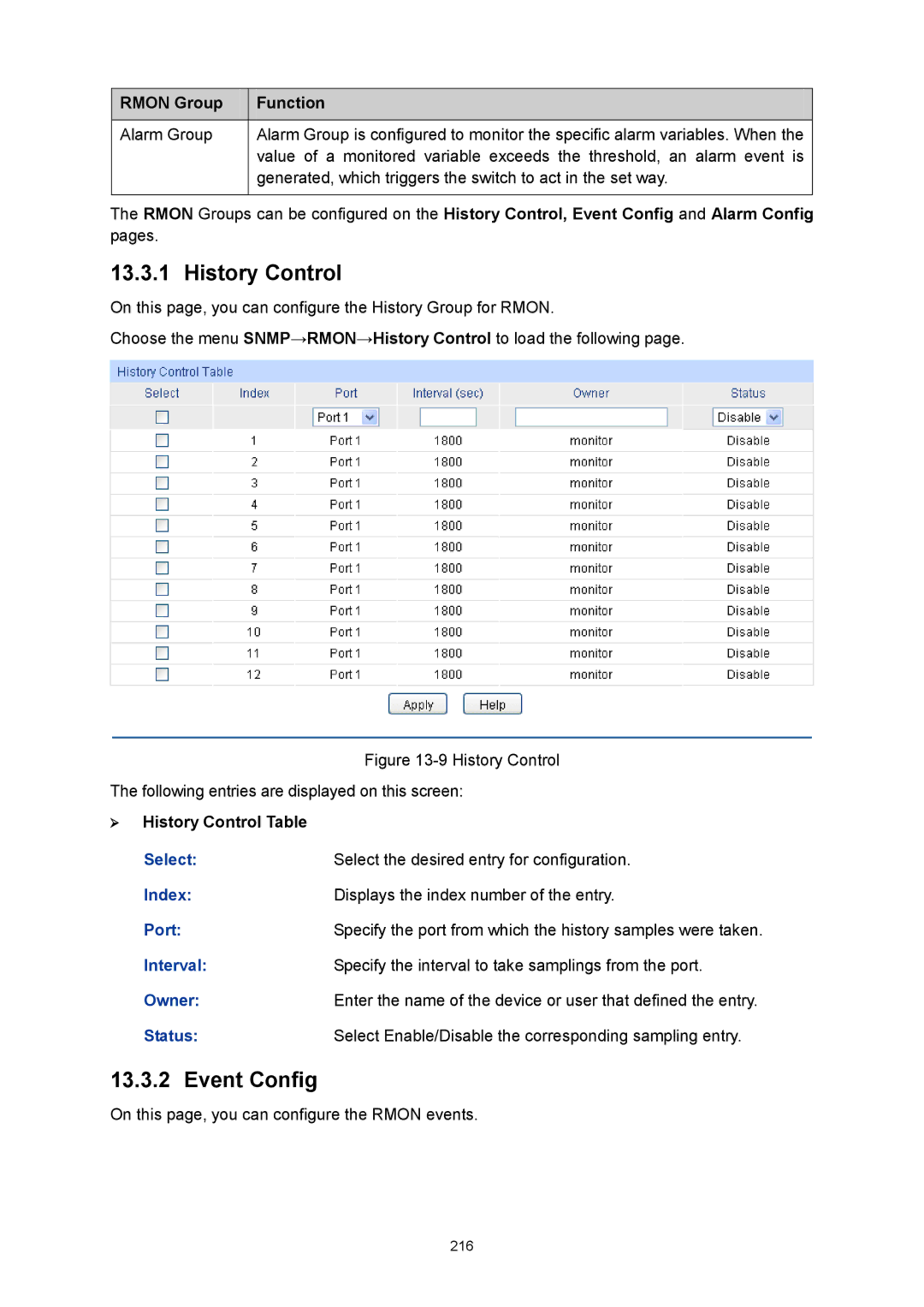 TP-Link TL-SG3424P manual Event Config,  History Control Table 