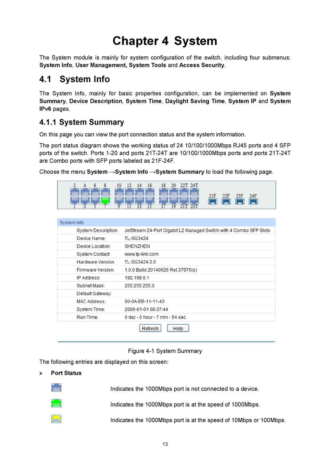 TP-Link TL-SG3424P manual System Info, System Summary,  Port Status 