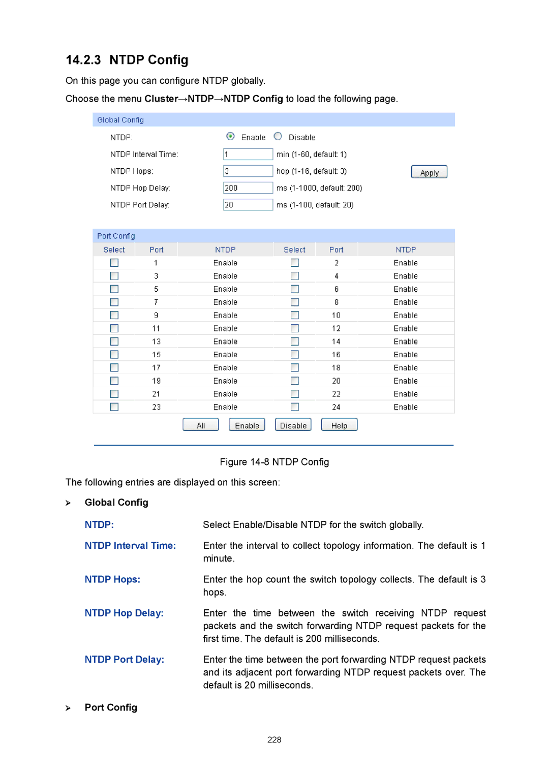 TP-Link TL-SG3424P manual Ntdp Config, Ntdp Interval Time, Ntdp Hops, Ntdp Hop Delay, Ntdp Port Delay 