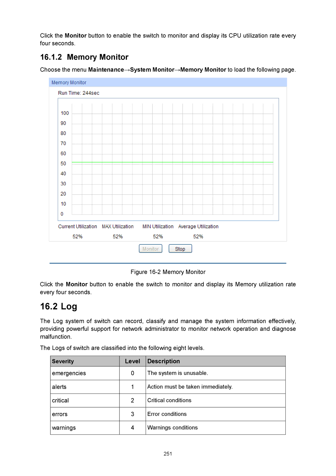 TP-Link TL-SG3424P manual 16.2 Log, Memory Monitor, Level Description 