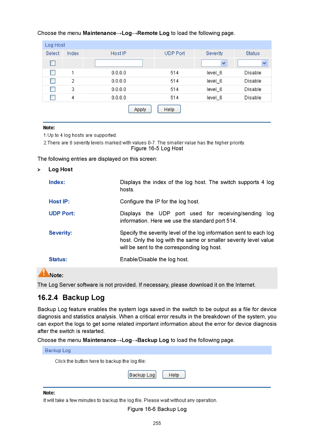 TP-Link TL-SG3424P manual Backup Log,  Log Host, Host IP 