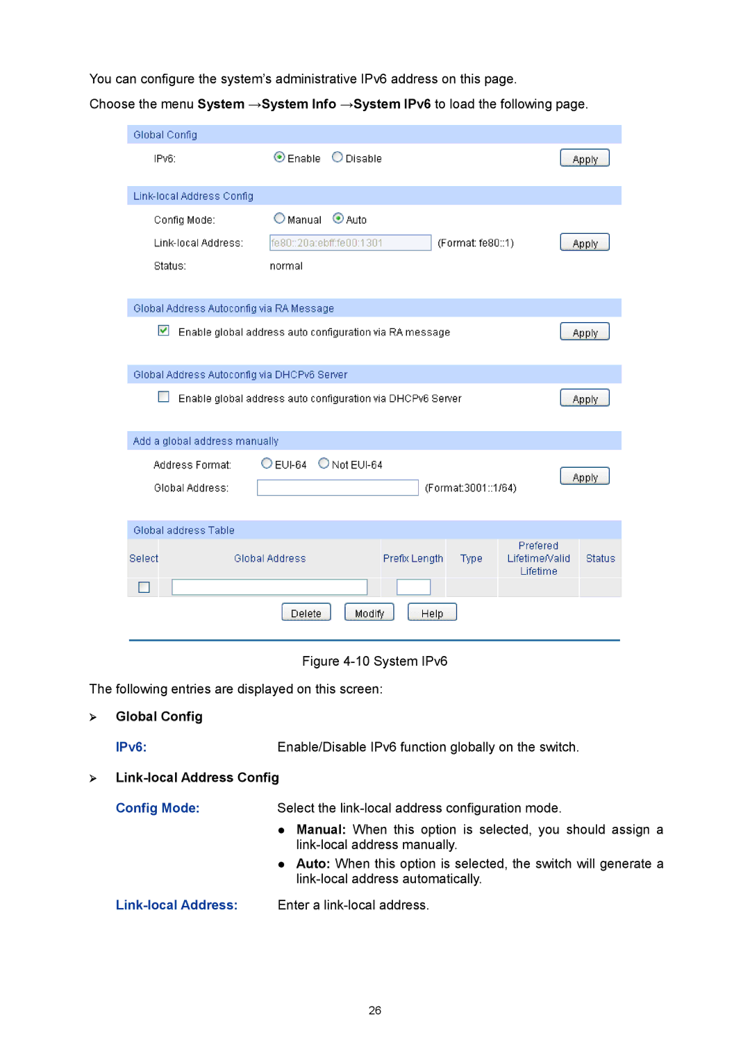 TP-Link TL-SG3424P manual  Global Config, IPv6,  Link-local Address Config 